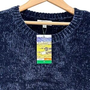 Orvis Chenille Sweater Navy Blue Crewneck Hi-Low Hem Relaxed Fit XL Oversized